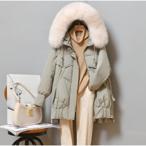 2021 New Casual Thicken White Duck Down Coat Women Warm Outerwear Loose Winter Fashion Big Fur Collar Down Jackets