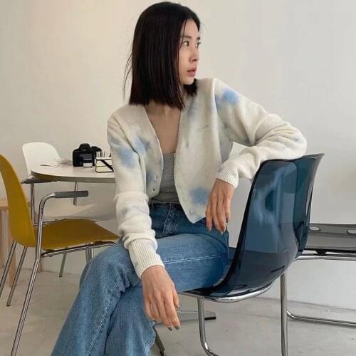 Women V-neck Tie Dye Knit Cardigan Knit Top