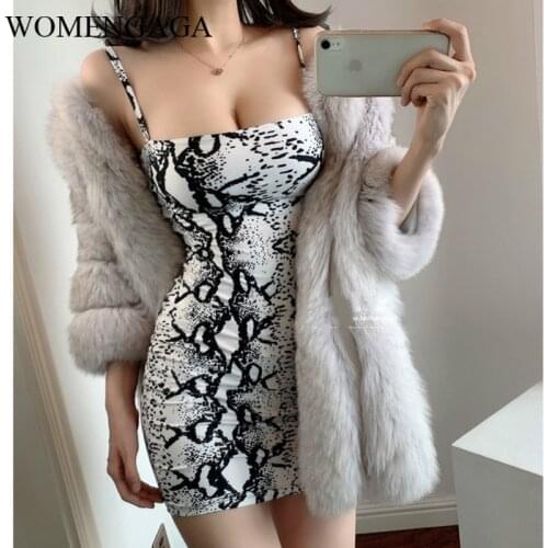 WOMENGAGA Base Autumn New Low Chest Sexy Slash Neck Snakeskin Pattern Print Hip Strap Tank Mini Dress E5LO
