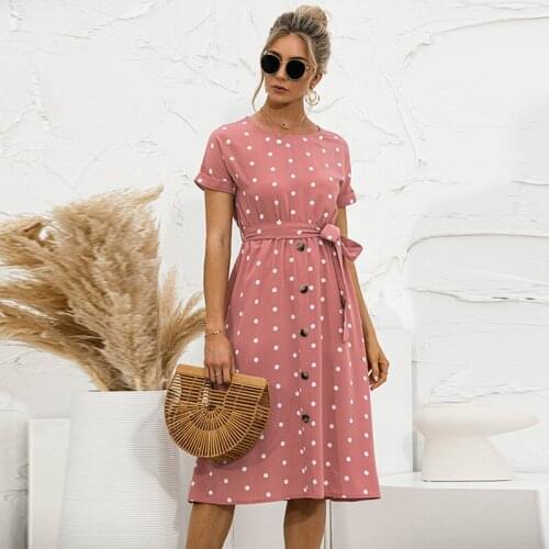 Elegant O Neck Sundress With Belt Women Summer Beach Chiffon Dress Casual Short Sleeve Polka Dot Dress Midi Dress Femme Vestidos
