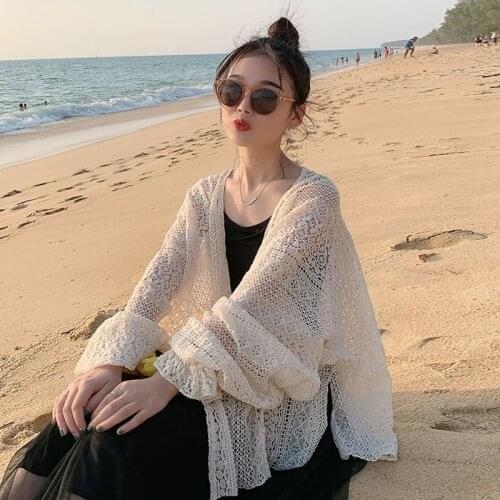 2020 New Women Beach Cover Up Floral Embroidery Swimwear Women Robe Cardigan BathingSuit Long Lace Shrug Apricot Long Sleeve