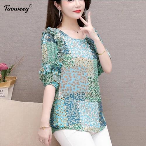 2021 New Fashion Chiffon Floral Print Women Blouse Shirt Blusas Short Sleeves O-neck Women' Clothing Plus Size Female Tops