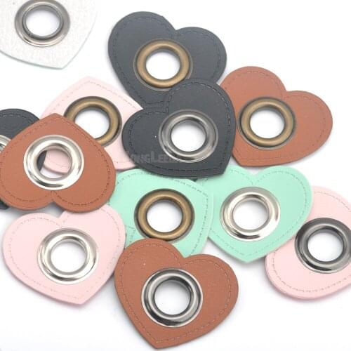 30pcs/lot big HEART PU leather sew on Badges patch labels + inner 12mm metal brass eyelets grommets free ship blackbrow/pinkmint