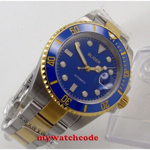 40mm Bliger blue dial ceramic bezel golden case date automatic mens watch B122