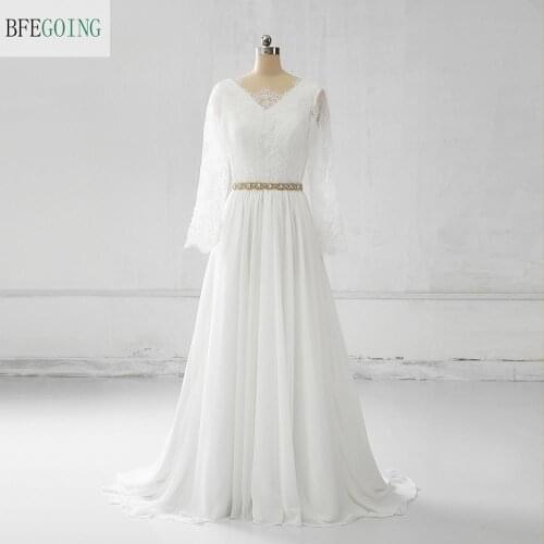 White Chiffon Lace V-Neck A-line Wedding Dresses Custom Made Floor-length Long Sleeves Beading Belt Real/Original Photos