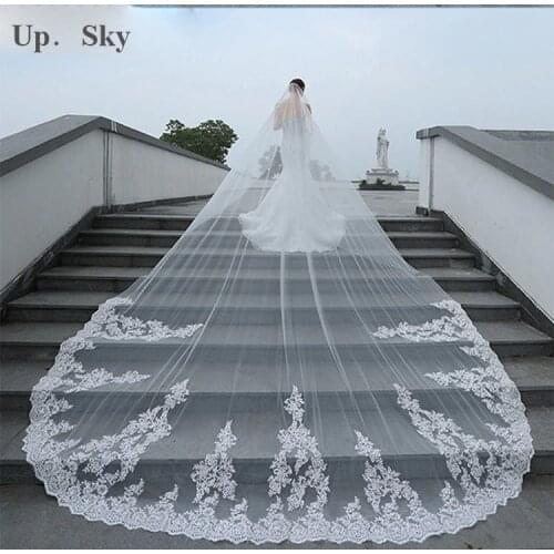 4 Meter White/Ivory One Layer Beautiful Cathedral Length Lace Edge Wedding Veil With Comb Long Bridal Veil 2019