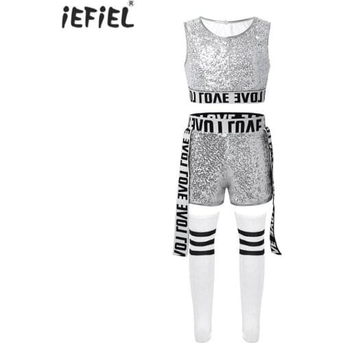 Kids Girls Clothes Outfits Shiny Sequins Tank Crop Tops Shorts And Stocking 3Pcs Set Street Dancewear Hip Hop Jazz Dance Costume