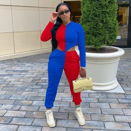 Color Block Patchwork Two Piece Set Long Sleeve Hooded Crop Top Workout Jogger Sweatpant Spring Fall Outfits for Women Outfits