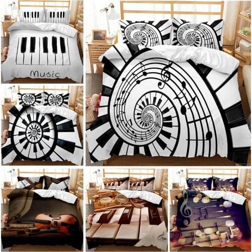 Musical Instrument Element Printed Bedding Set with Black and White Keys Quilt Cover and Pillowcases Bedclothes Home Textiles
