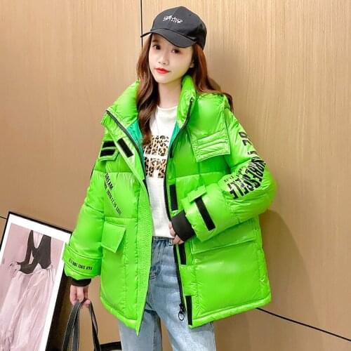 Korean Style Oversized Winter Jacket Women Letter Print Hooded Parkas Woman Stand Collar Plus Size Cotton Padded Thicken Coats