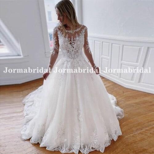 Boho Lace Wedding Dresses Long Sleeves Nude Mesh Country Bride Dress Long Chapel Train Simple Tulle Wedding Bridal Gowns 2021
