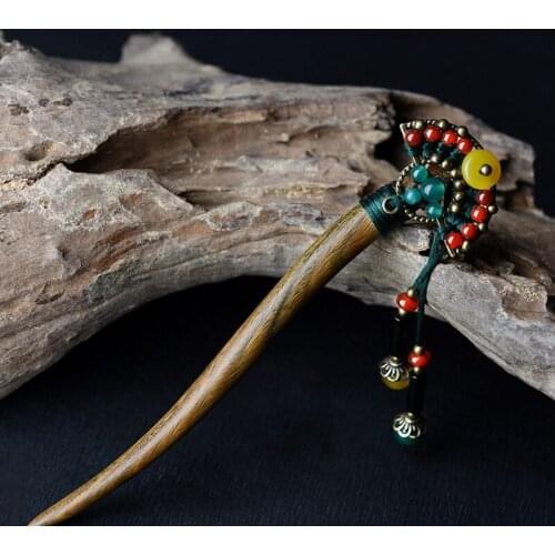 Fashion nature sandalwood vintage hairjewelry,colored stone Ethnic hairpins,Thailand fan wood hairjewelry