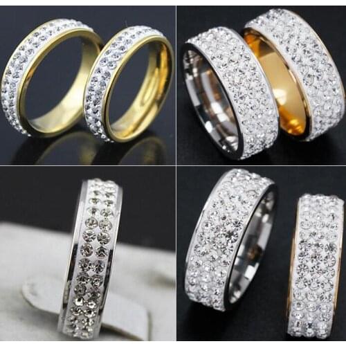 30pcs Wedding Engagement 2 Rows 3 Rows Zircon Rings Silver Gold Stainless Steel CZ Rings Wholesale Jewelry