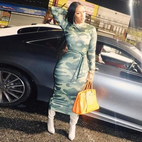 Camouflage Printed Casual Bodycon Club Dress Women Round Neck Full Sleeve Mid Calf Vestidos Biker Style Body-shaping Slim Robe