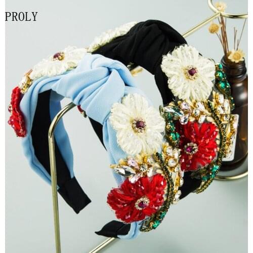 PROLY New Fashion Women Headband Wide Side Flower Rhinestone Hairband Luxurious Nobility Headwear Center Knot Hair Accessories