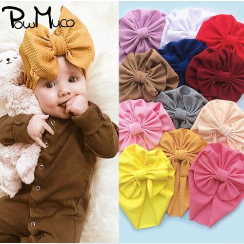 Powmuco 19*19 CM Solid Color Infant Turban Fashion Handmade Bowknot Baby Girls Hats Newborn Beanie Caps Children Bows Headwear