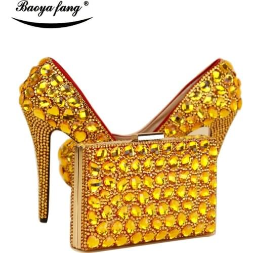 Golden cyrstal wedding shoes with matching bags Women High heels platform shoes Ladies Paty Dress shoes woman High Pumps