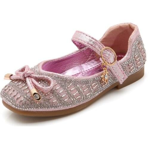 Girls' Leather Shoes 2021 New Crystal Single Shoes Princess Shoes Show Shoes Bows-knot Sweet Cute Chic Flats for Wedding 26-36