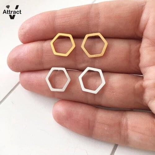 V Attract Fashion Open Hexagon Stud Earring For Women Jewelry Gold Stainless Steel Geomentry Boucle D'oreille Femme 2018
