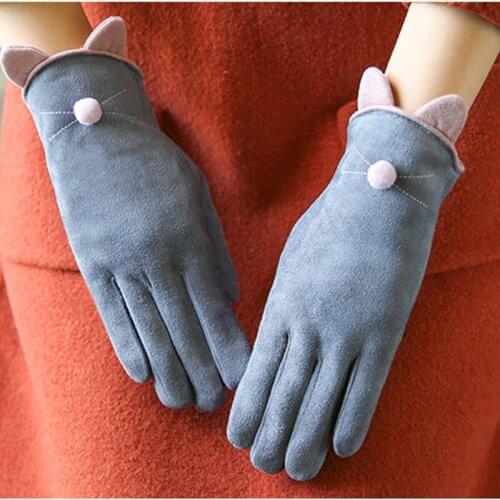 Winter Female Warm Cashmere Cute Cartoon Cat Ear Touch Screen Mittens Suede Double Thick Plush Women Cycling Driving Glove J73