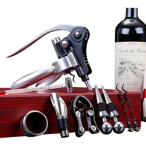 9Pcs/Set High-end Wine Openers Corkscrew Sets Wine Decanter Leather Wooden Box Cork Bar Tools Gift Pack Drinking Wine Opener
