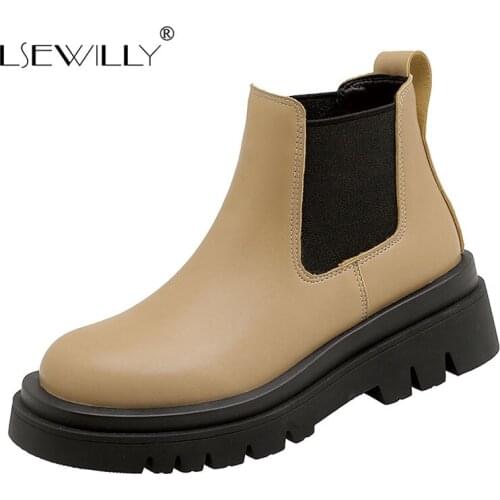 Lsewilly 2021 Platform PU Leather Ankle Boots Slip On Autumn Winter Women Shoes Round Toe Square Heel Short Boots Size 34-43