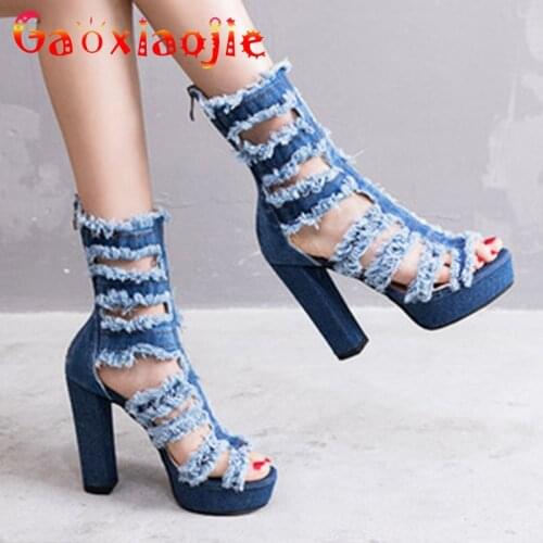Gaoxiaojie Fashion Denim Cloth Women Zip Mid Calf Boots Casual Hollow Out High-top Girl Shoes Platform 12CM Summer Model Sandal