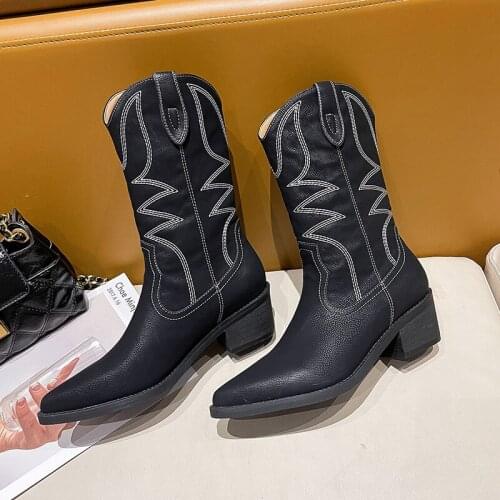 New Women Cowboy Pointed Toe Single Boots Lady Mid Calf Embroidered Western Boots Ladies Classic Leather Motorcycle Botas Mujer