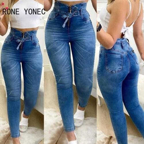 Women Solid Color High Waist Drawstring Skinny Jeans Spring Casual Pants