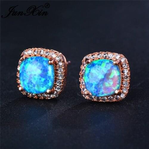 JUNXIN Luxury Female Rainbow Fire Opal Stud Earrings For Women Rose Gold Blue/White Opals Purple Green Zircon Wedding Ear Studs