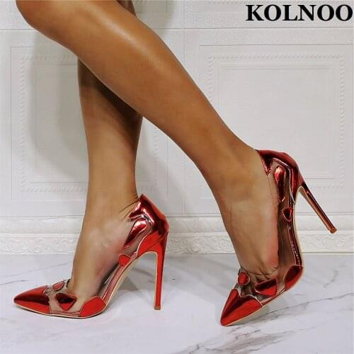 Kolnoo New Style Handmade Ladies Stiletto High Heels Pumps Patchwork PVC Leather Party Dress Shoes Slip-On Fashion Court Shoes