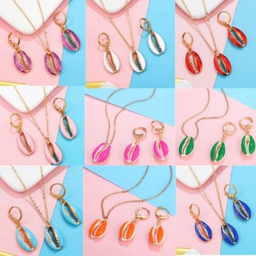 ZOSHI New Hot Shell Conch Pendant Necklace Earrings Set Women Girls Vintage Colorful Shell Jewelry Set Summer Beach Jewelry