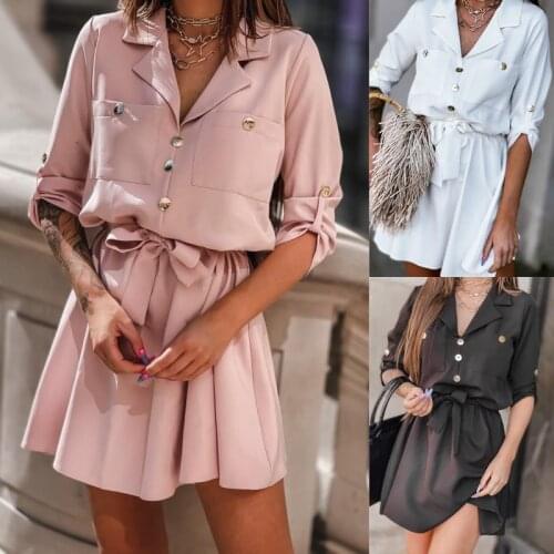 Summer Sexy Suit Collar Nine-point Sleeve Dress High Waist Tunics Pleated Dress Commuter Womens Plus Size Blouses Dresses S-2XL