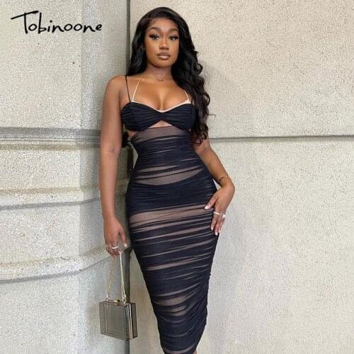 Tobinoone mesh hollow spaghetti ruched party dress bodycon black dress for women 2021 high waist summer midi sexy vestidos