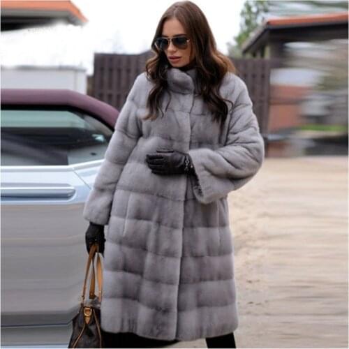 100cm Long Real Fur Coat Woman Winter Fashion Light Grey Stand Collar Full Pelt Genuine Mink Fur Overcoat Luxury Mink Fur Coats