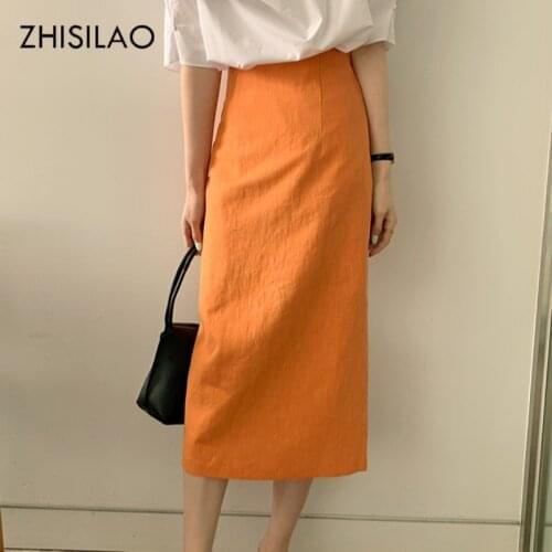 ZHISILAO Straight Skirt Women Elegant Split Linen High Waist A-line Long Skirt Vintage Solid Pencil Skirt Plus Size Summer 2021