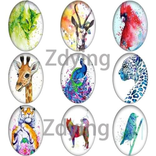 Zdying 10pcs Animals Peacock Fox Tiger Cat Sheep Oval Shape Glass Photo Cabochons Beads Demo Flat Back Making Jewelry Findings