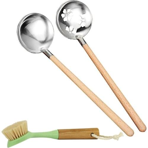 1 Pcs Natural Bamboo Dish Brush Hand Brush & 2 Pcs Sakura Slotted Spoon Soup Ladle Set 304 Stainless Steel Ladle Spoon
