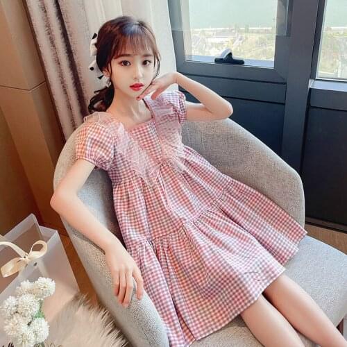 2021 Summer Girl Dress Kids Dresses for Girls Casual Plaid Princess Baby Girl Clothes Short Sleeve Dress Kids Party Vestidos W39
