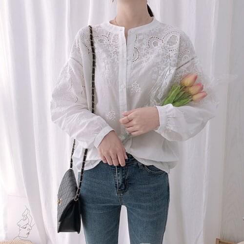 Lamtrip Hollow Out Embroidery Single Breasted White Cotton Long Sleeve Shirt Blouse Vintage