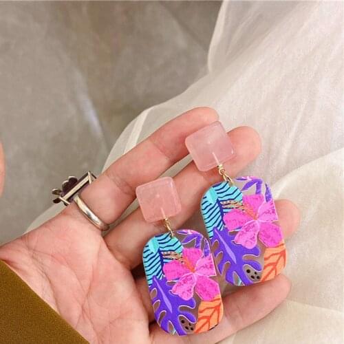 Colored Flowers Big Fower Dangle Acrylic Printed Flower Earring Women Girl Earrings