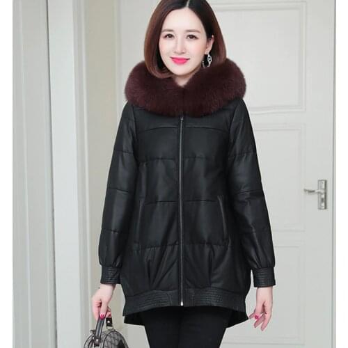 Ladies leather Jacket Women Genuine Fox Fur Collar Female Jacket 90% White Duck Down Womens Sheepskin Coats and Jackets Women