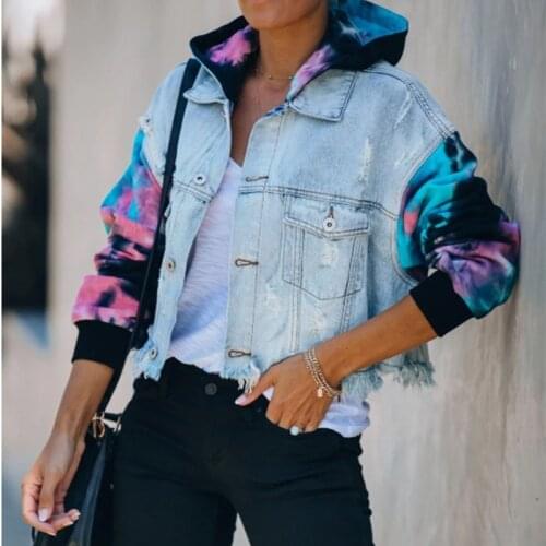 Jeans Jacket for Women Loose Casual Blue Women Hoodies Coats Tie Dye Sleeve Patchwork Hoodies Denim Coats Female Outwear