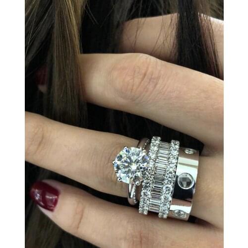 Fine Jewelry 925 Sterling Silver square diamond Band ring set Luxury Cocktail Wedding Natural White Sapphire Rings for Women