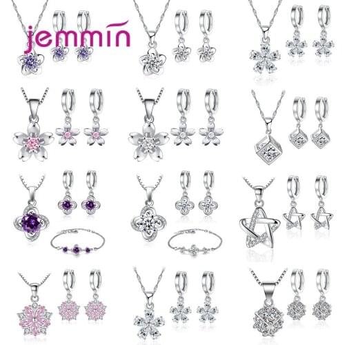 925 Sterling Silver Bridal Jewelry Set Necklace Earrings For Women Engagement Trendy Style Geometric Design CZ Crystal
