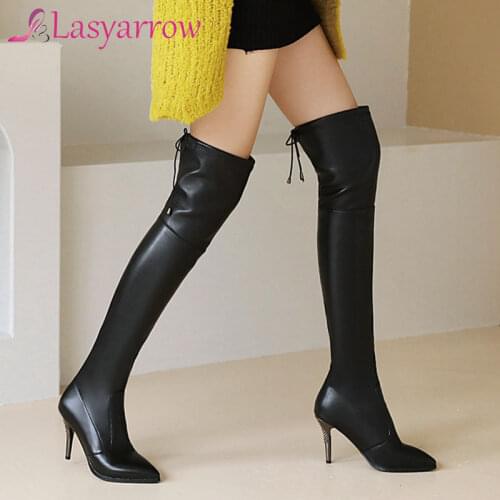Lasyarrow 2021 Thin High Heel Fashion Over The Knee Boots Autumn Winter Sexy Pointed Toe PU Leather Lace Up Women Shoes Size 46