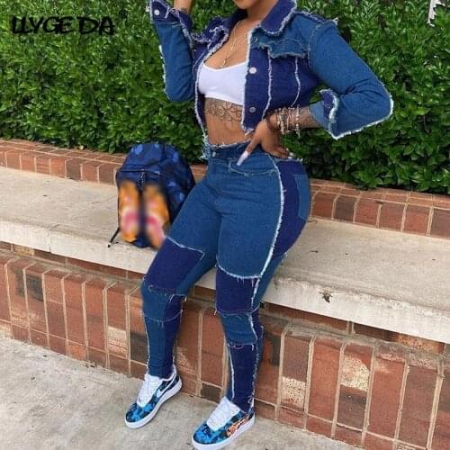 Fashion Patchwork Women Tassel Denim Set Turn-down Collar Short Jacket Bodycon Pant Autumn Streetwear Female Skinny Jean Suit