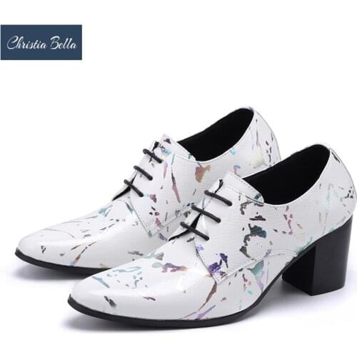 Christia Bella Fashion Print Genuine Leather Men Dress Shoes High Heel Party Men Oxford Shoes Dancer Thick Heel Male Ankle Boots