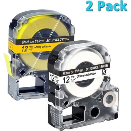 CIDY 2pcs SC12YW SS12KW/LC4WBN 12mm Black on White/YELLOW for compatible epson cartridge ribbon LW300 LW400 SR150