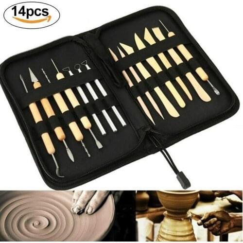 14 Pcs/Pack Pottery Clay Sculpting Wax Carving Pottery Tools Set with Canvas Cases Polymer Ceramic Modeling Kit Art Crafts